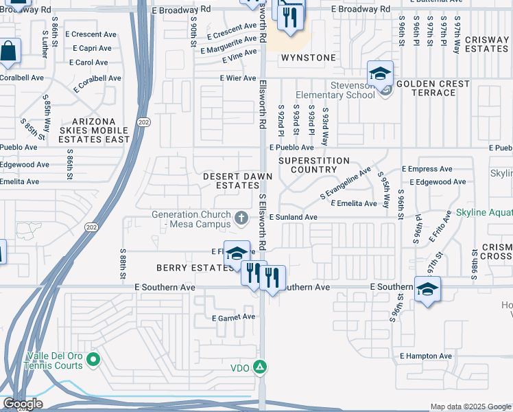 map of restaurants, bars, coffee shops, grocery stores, and more near 937 South 91st Place in Mesa