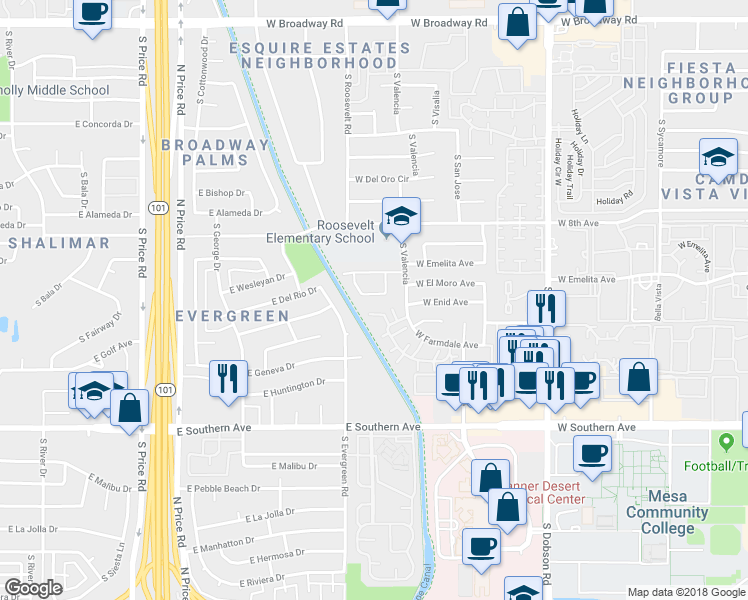 map of restaurants, bars, coffee shops, grocery stores, and more near 2333 West El Moro Circle in Mesa