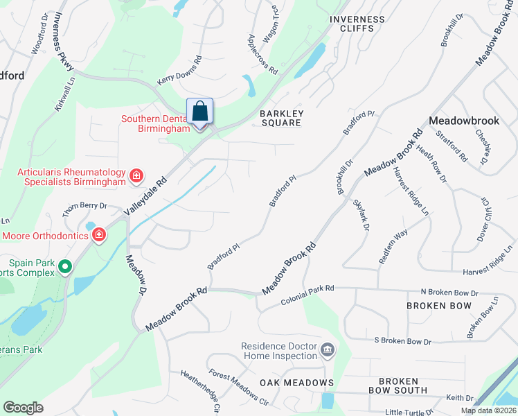 map of restaurants, bars, coffee shops, grocery stores, and more near 3140 Bradford Place in Birmingham