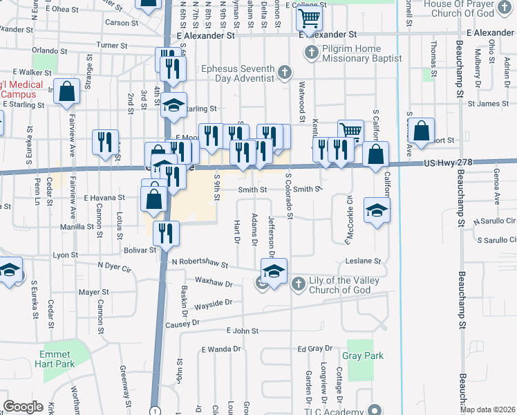 map of restaurants, bars, coffee shops, grocery stores, and more near 724 Adams Drive in Greenville