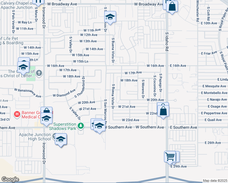 map of restaurants, bars, coffee shops, grocery stores, and more near 1923 South Buena Vista Drive in Apache Junction