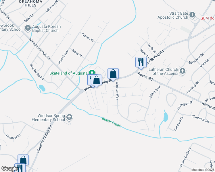 map of restaurants, bars, coffee shops, grocery stores, and more near 2436 Windsor Spring Road in Augusta