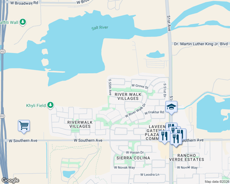 map of restaurants, bars, coffee shops, grocery stores, and more near 5402 South 54th Lane in Phoenix
