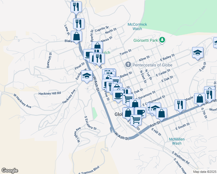 map of restaurants, bars, coffee shops, grocery stores, and more near 300 North Broad Street in Globe