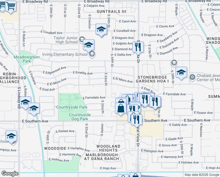 map of restaurants, bars, coffee shops, grocery stores, and more near 957 South 34th Street in Mesa