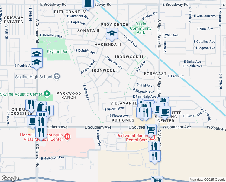 map of restaurants, bars, coffee shops, grocery stores, and more near 917 South Sabrina in Mesa