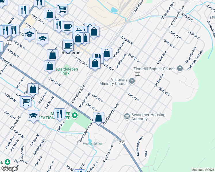 map of restaurants, bars, coffee shops, grocery stores, and more near 1715 Berkley Avenue in Bessemer