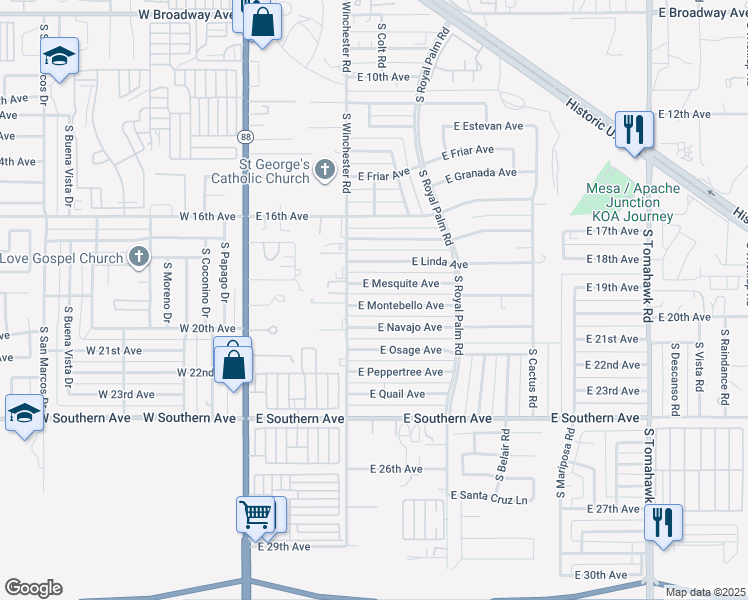 map of restaurants, bars, coffee shops, grocery stores, and more near 540 East Montebello Avenue in Apache Junction