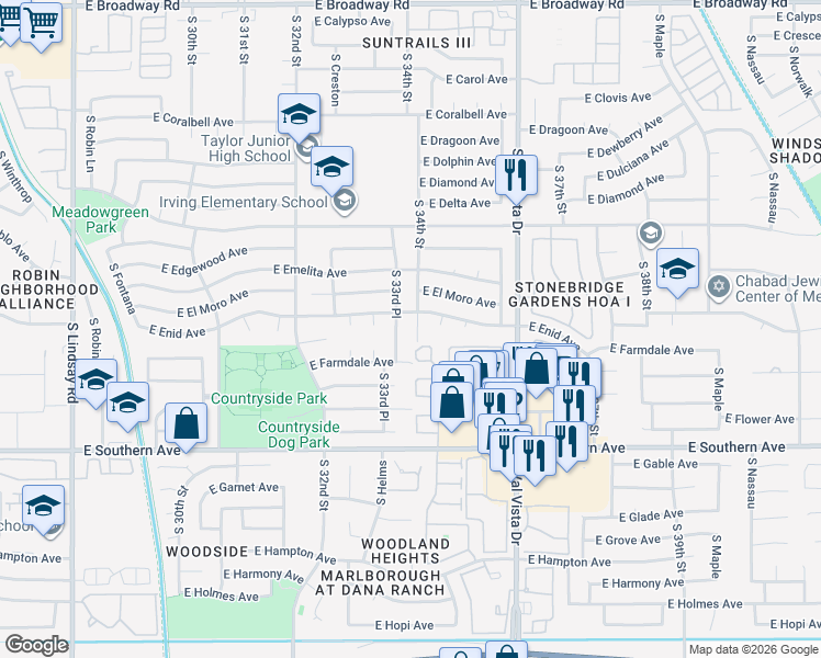 map of restaurants, bars, coffee shops, grocery stores, and more near 957 South 34th Street in Mesa