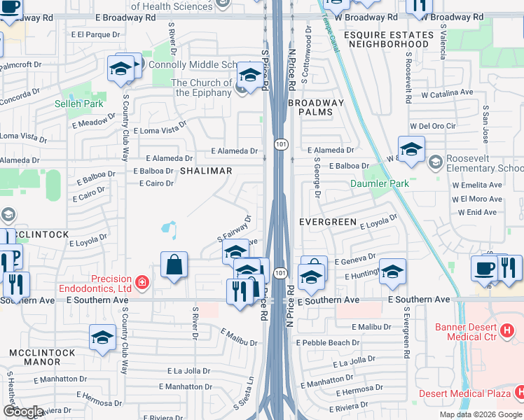 map of restaurants, bars, coffee shops, grocery stores, and more near 2914 South Price Road in Tempe