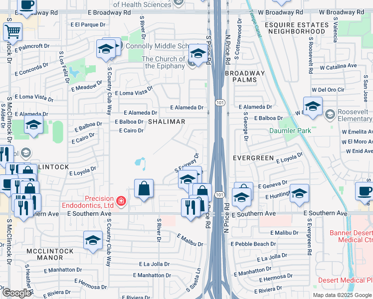 map of restaurants, bars, coffee shops, grocery stores, and more near 2900 South Fairway Drive in Tempe