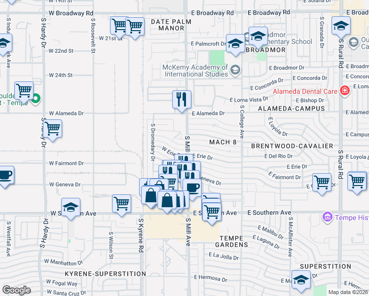 map of restaurants, bars, coffee shops, grocery stores, and more near 15 West Del Rio Drive in Tempe