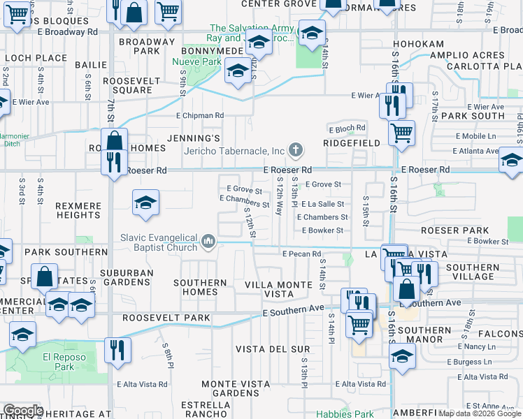 map of restaurants, bars, coffee shops, grocery stores, and more near 1205 East Chambers Street in Phoenix