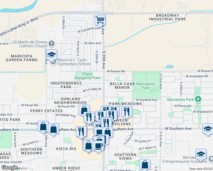 map of restaurants, bars, coffee shops, grocery stores, and more near 3430 West Chambers Street in Phoenix