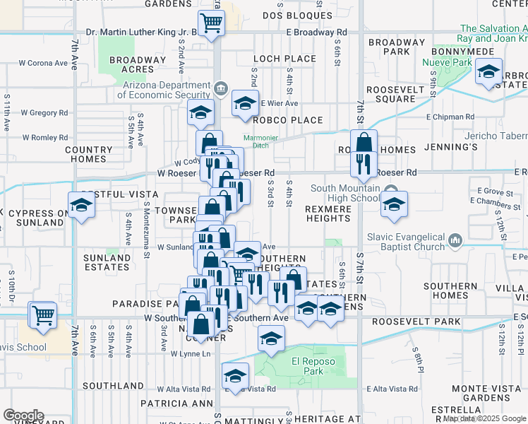 map of restaurants, bars, coffee shops, grocery stores, and more near 5402 South 3rd Street in Phoenix