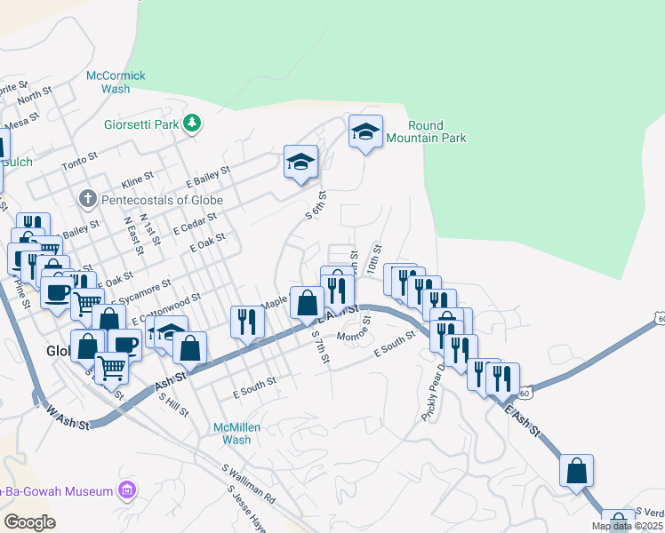 map of restaurants, bars, coffee shops, grocery stores, and more near 1416 East Sierra Vista Drive in Globe