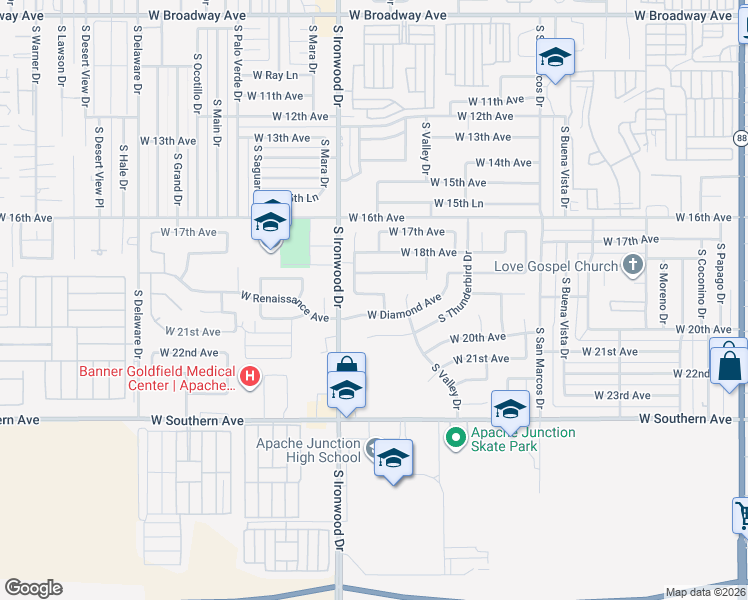 map of restaurants, bars, coffee shops, grocery stores, and more near 1463 West 19th Avenue in Apache Junction
