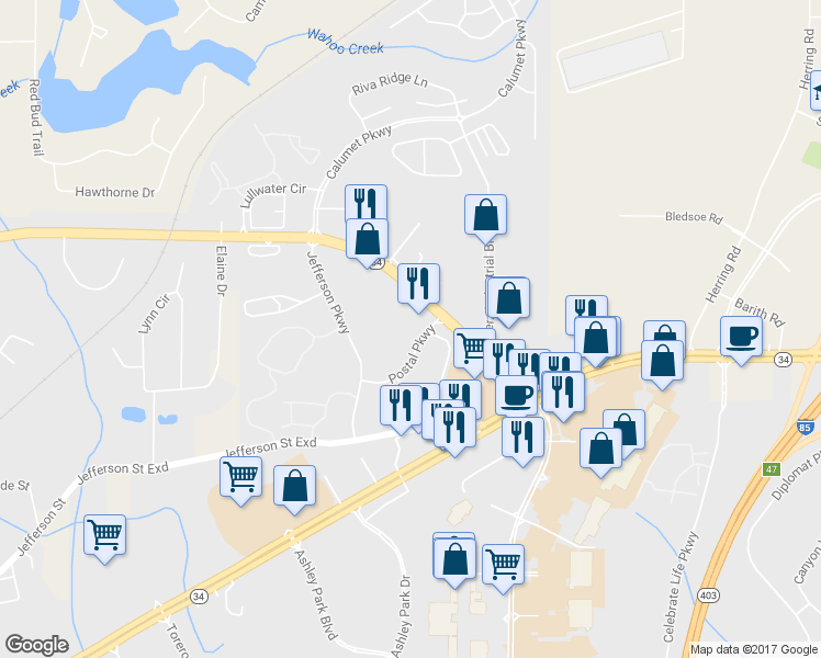 map of restaurants, bars, coffee shops, grocery stores, and more near 31 Postal Parkway in Newnan