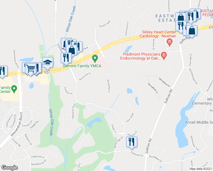 map of restaurants, bars, coffee shops, grocery stores, and more near 45 Woodridge Place in Newnan