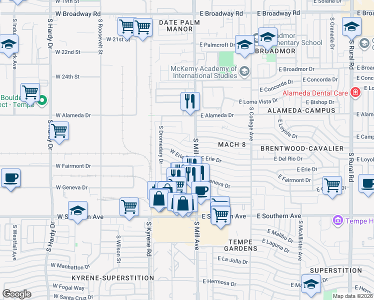 map of restaurants, bars, coffee shops, grocery stores, and more near 15 West Del Rio Drive in Tempe