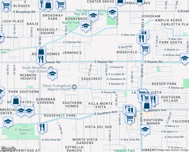 map of restaurants, bars, coffee shops, grocery stores, and more near 1205 East Chambers Street in Phoenix