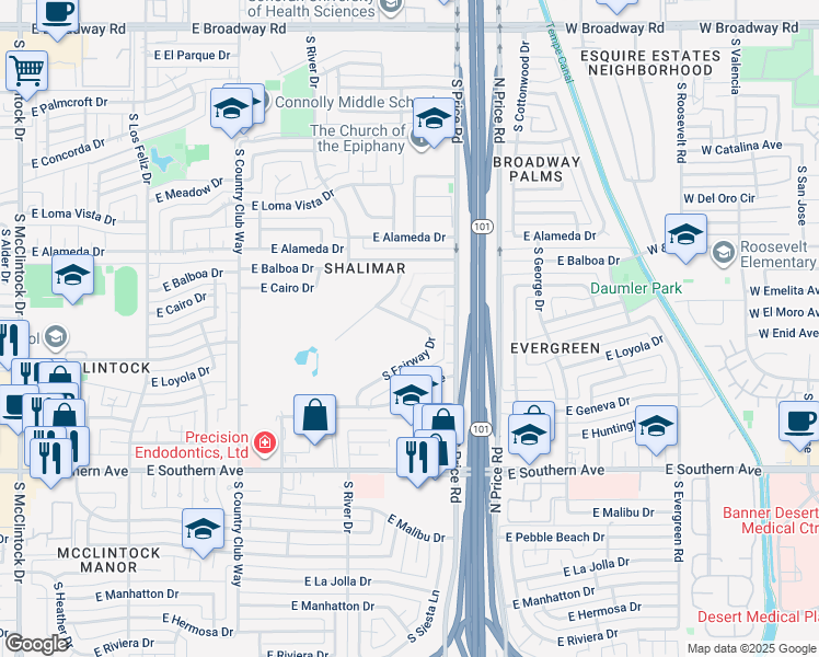 map of restaurants, bars, coffee shops, grocery stores, and more near 2900 South Fairway Drive in Tempe