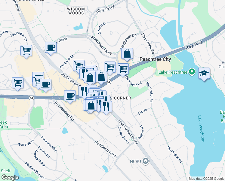 map of restaurants, bars, coffee shops, grocery stores, and more near 373 Twiggs Corners in Peachtree City