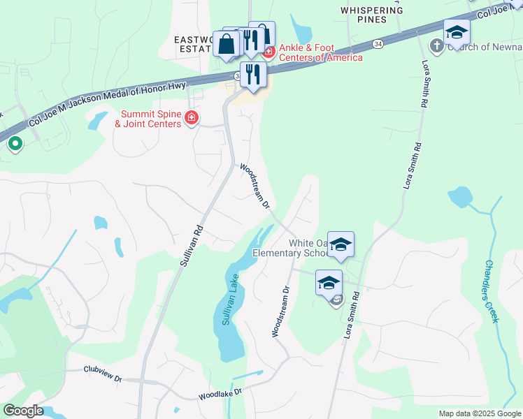 map of restaurants, bars, coffee shops, grocery stores, and more near 75 Woodstream Drive in Newnan