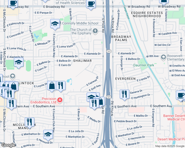 map of restaurants, bars, coffee shops, grocery stores, and more near 2900 South Fairway Drive in Tempe
