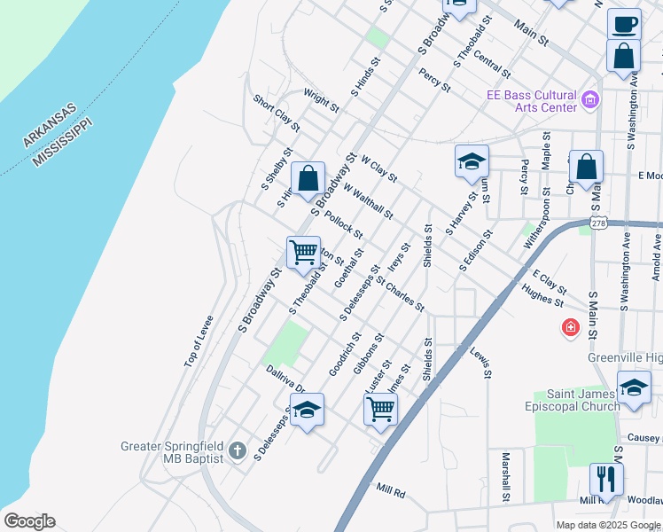 map of restaurants, bars, coffee shops, grocery stores, and more near 1010 South Theobald Street in Greenville