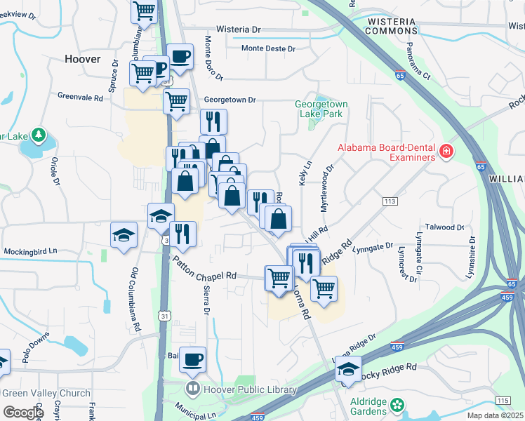map of restaurants, bars, coffee shops, grocery stores, and more near 3220 Gaylark Road in Birmingham