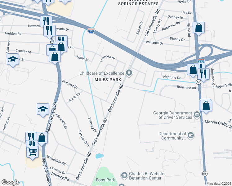 map of restaurants, bars, coffee shops, grocery stores, and more near 3355 Old Louisville Road in Augusta