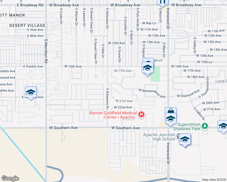 map of restaurants, bars, coffee shops, grocery stores, and more near 2026 South Lawther Drive in Apache Junction