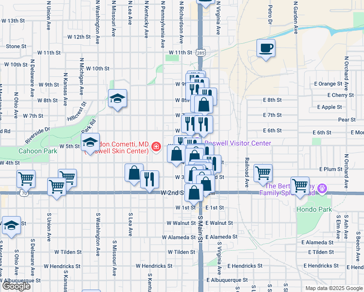 map of restaurants, bars, coffee shops, grocery stores, and more near 500 North Richardson Avenue in Roswell