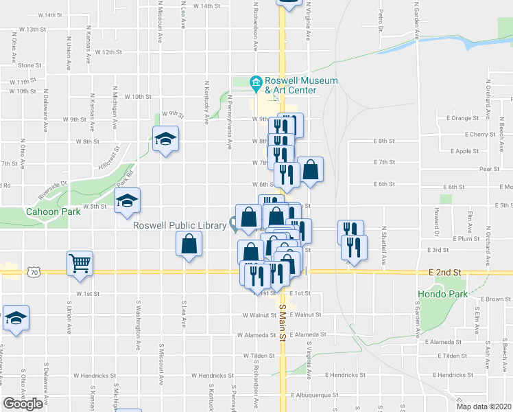 map of restaurants, bars, coffee shops, grocery stores, and more near 500 North Richardson Avenue in Roswell