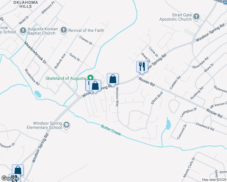 map of restaurants, bars, coffee shops, grocery stores, and more near 2428 Winston Way in Augusta