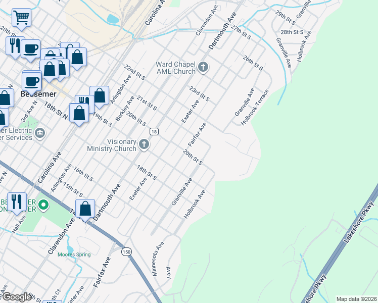 map of restaurants, bars, coffee shops, grocery stores, and more near 2001 Fairfax Avenue in Bessemer