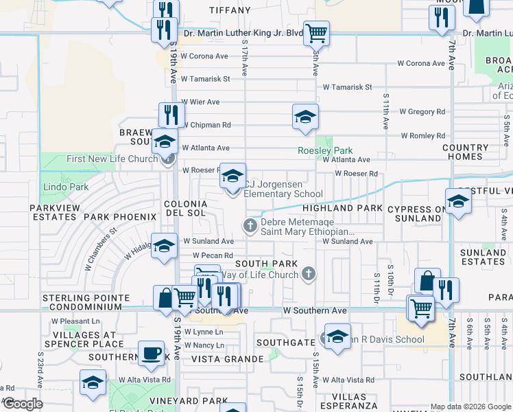 map of restaurants, bars, coffee shops, grocery stores, and more near 1614 West La Salle Street in Phoenix