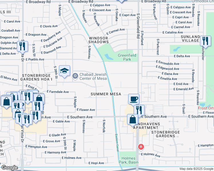 map of restaurants, bars, coffee shops, grocery stores, and more near 4136 East Emelita Circle in Mesa