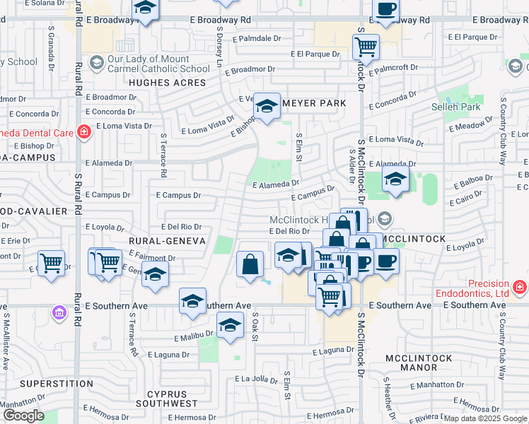 map of restaurants, bars, coffee shops, grocery stores, and more near 1401 East Wesleyan Drive in Tempe