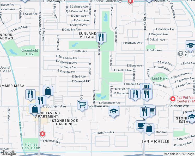 map of restaurants, bars, coffee shops, grocery stores, and more near 967 South Roanoke in Mesa