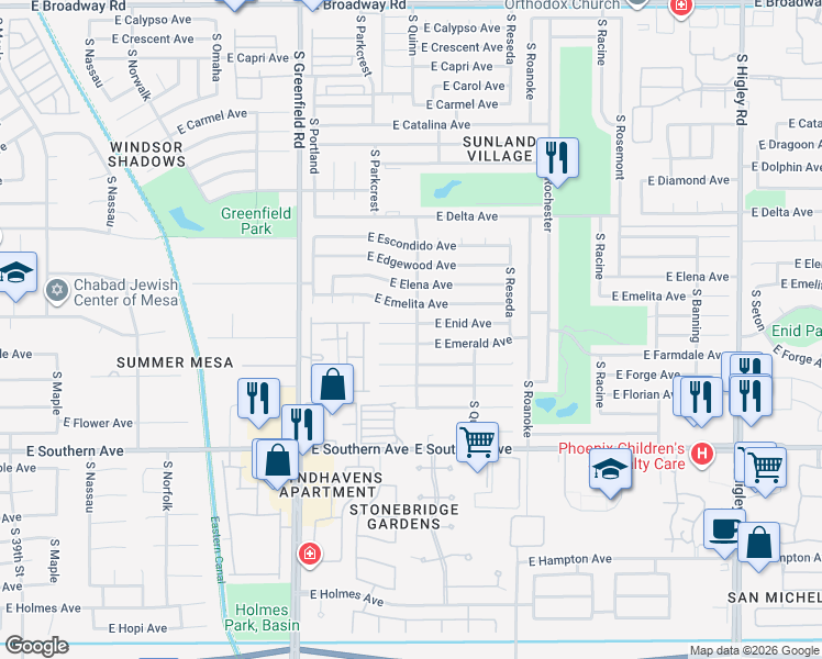 map of restaurants, bars, coffee shops, grocery stores, and more near 4560 East Emerald Circle in Mesa