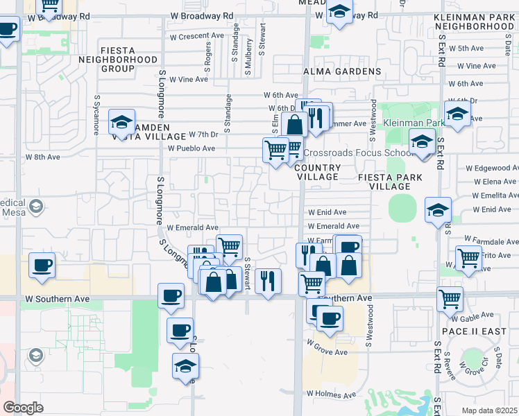 map of restaurants, bars, coffee shops, grocery stores, and more near Villas Mesa III Apartments in Mesa
