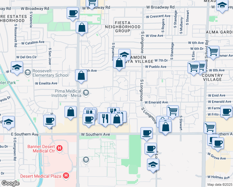 map of restaurants, bars, coffee shops, grocery stores, and more near 1825 West Emelita Avenue in Mesa