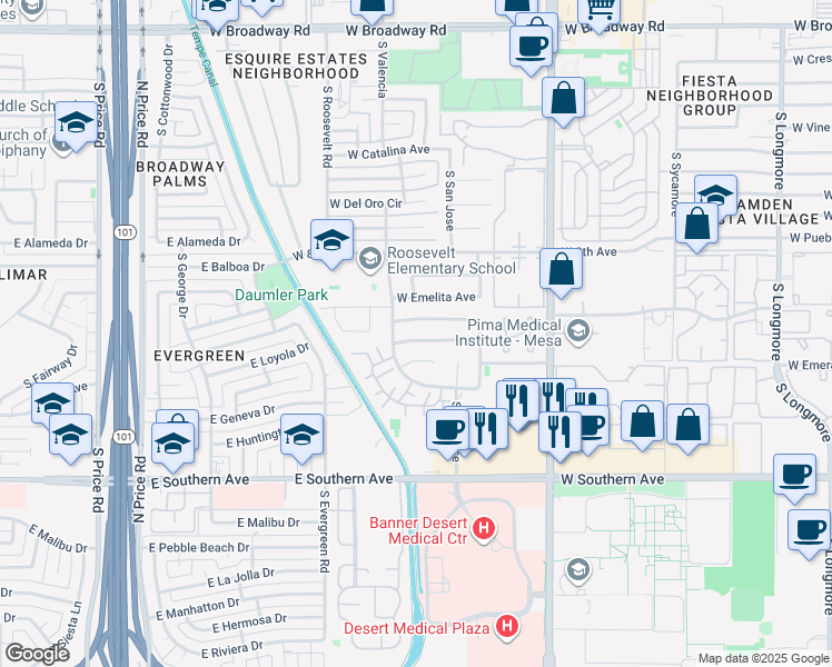 map of restaurants, bars, coffee shops, grocery stores, and more near 2262 West Enid Avenue in Mesa