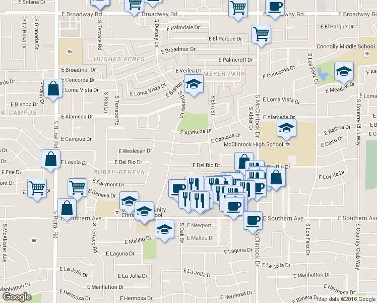 map of restaurants, bars, coffee shops, grocery stores, and more near 1401 East Wesleyan Drive in Tempe