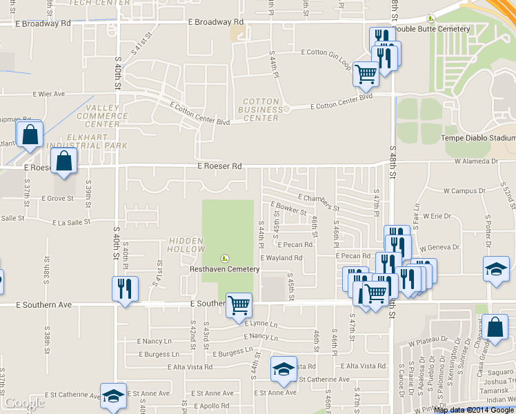 map of restaurants, bars, coffee shops, grocery stores, and more near 5414 South 44th Place in Phoenix