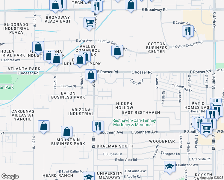 map of restaurants, bars, coffee shops, grocery stores, and more near 4140 East Chambers Street in Phoenix