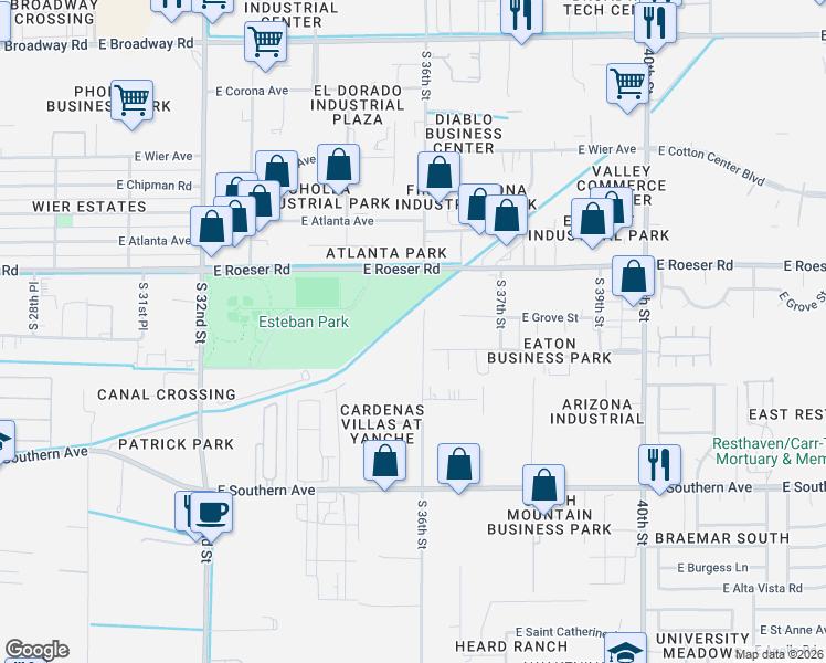 map of restaurants, bars, coffee shops, grocery stores, and more near 5252 South 36th Street in Phoenix