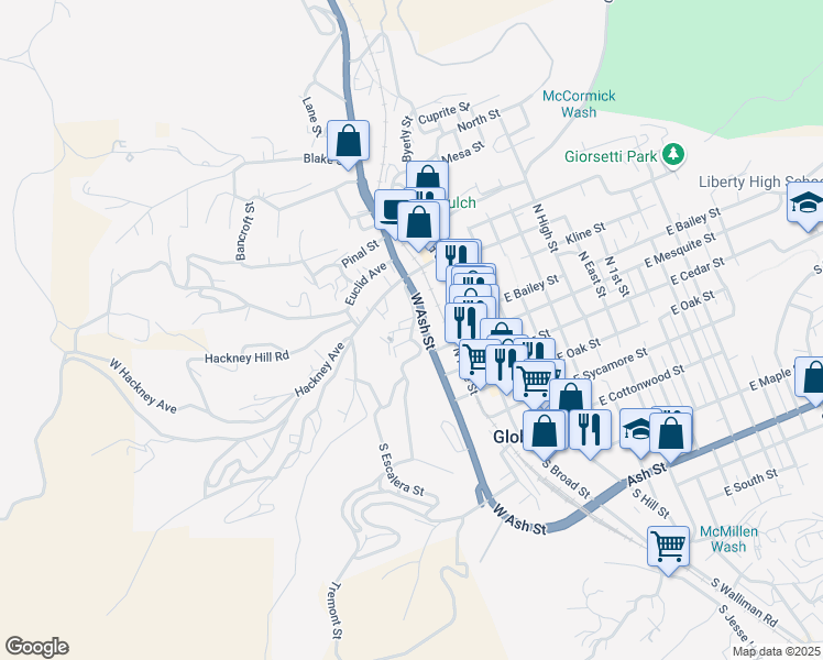 map of restaurants, bars, coffee shops, grocery stores, and more near 455 North Willow Street in Globe